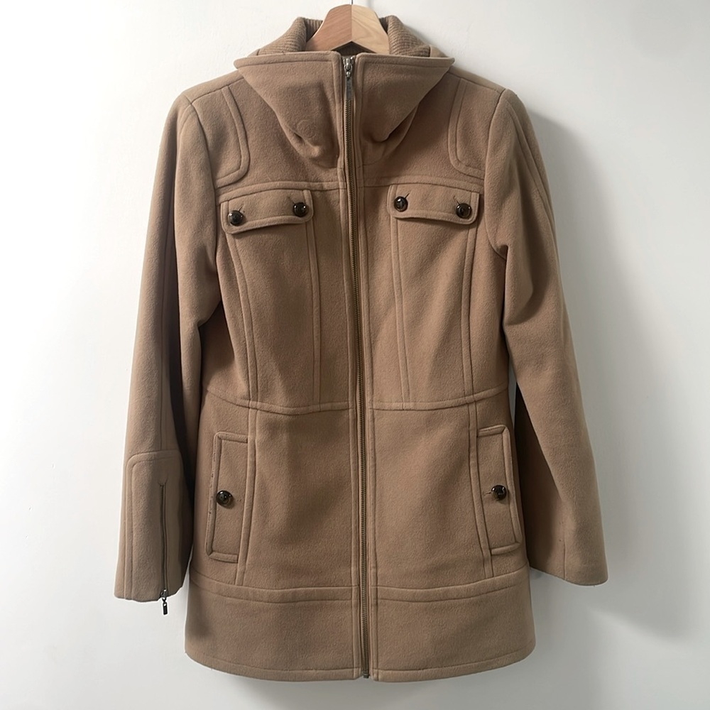 Cole Haan wool blend military trench coat jacket beige tan zipper size 4